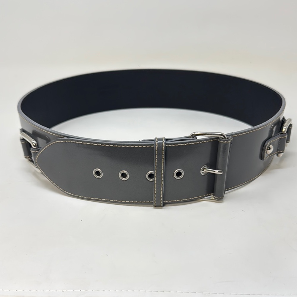 Sergio Rossi Grey Leather Belt with Decorative Metal Accents
